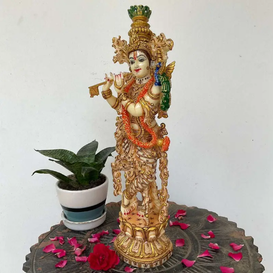 Handcrafted Lord Krishna Playing Flute Statue – Golden Hindu God Idol for Home Decor, Spiritual Gift & Meditation Altar (BLACKLUXE CRAFTS) - BLACKLUXECRAFTS