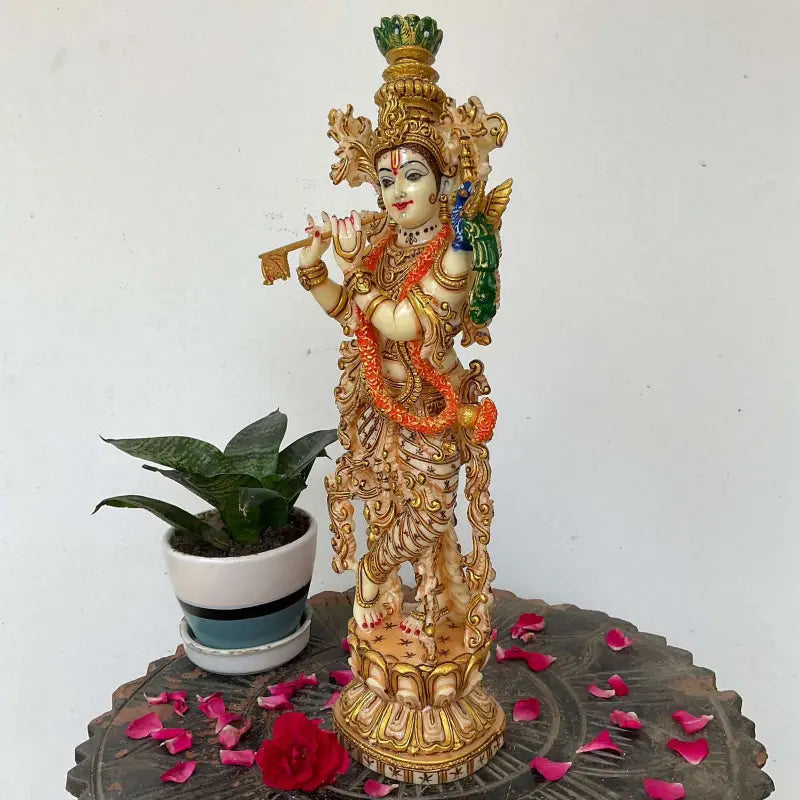 Handcrafted Lord Krishna Playing Flute Statue – Golden Hindu God Idol for Home Decor, Spiritual Gift & Meditation Altar (BLACKLUXE CRAFTS) - BLACKLUXECRAFTS