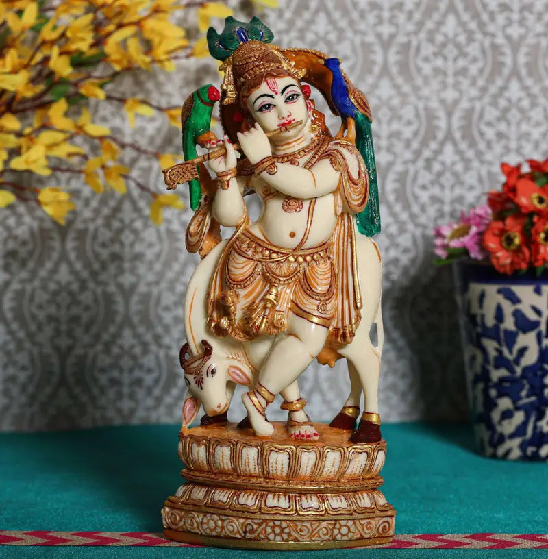 Lord Krishna with Cow Playing Flute Statue – Handmade Hindu God Idol for Home Decor, Spiritual Gift & Temple Altar (BLACKLUXE CRAFTS) - BLACKLUXECRAFTS