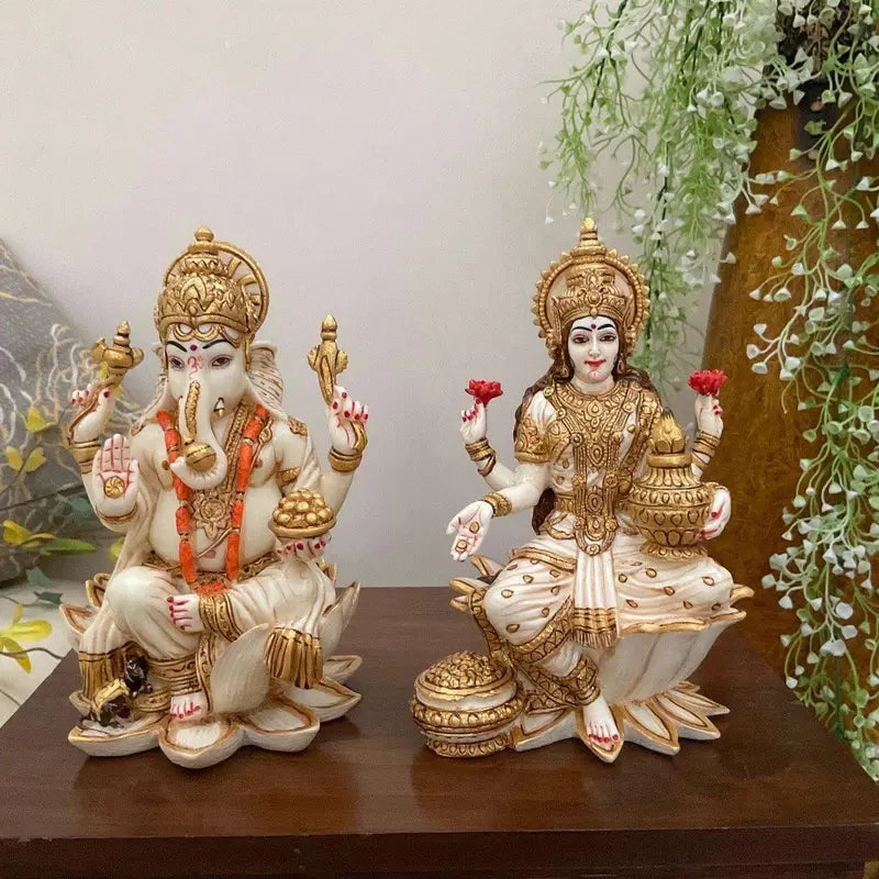 Luxury Marble Lakshmi & Ganesha Idol Set – Handcrafted Hindu Statues for Home Temple & Festival Décor (BLACKLUXE CRAFTS) - BLACKLUXECRAFTS