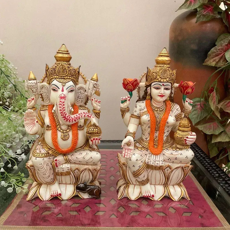 Handcrafted Marble Lakshmi & Ganesha Idols Set – Hindu Deity Statues for Home Temple & Pooja Décor (BLACKLUXE CRAFTS) - BLACKLUXECRAFTS