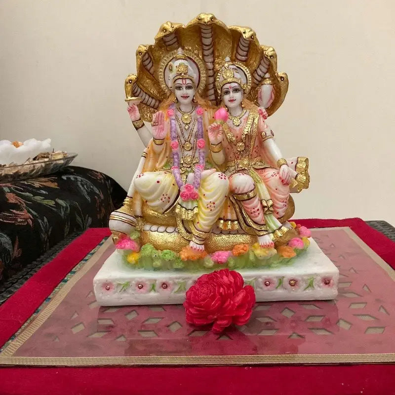 Handcrafted Lakshmi Narayan Idol Statue – Lord Vishnu with Goddess Lakshmi under Sheshnag – Resin Figurine for Home Temple & Gifting (BLACKLUXE CRAFTS) - BLACKLUXECRAFTS