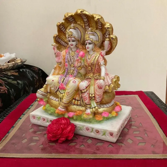 Handcrafted Lakshmi Narayan Idol Statue – Lord Vishnu with Goddess Lakshmi under Sheshnag – Resin Figurine for Home Temple & Gifting (BLACKLUXE CRAFTS) - BLACKLUXECRAFTS