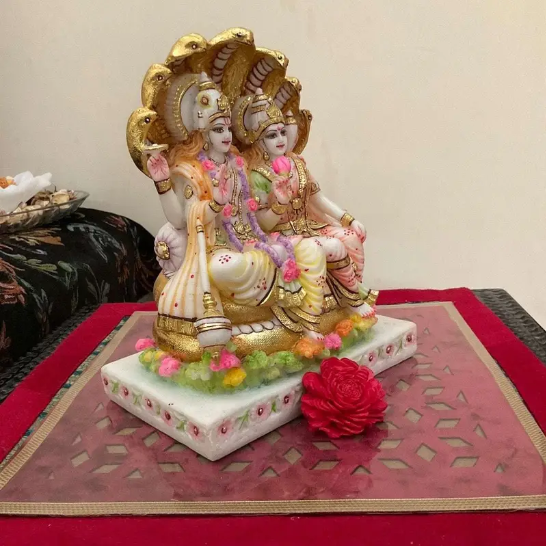 Handcrafted Lakshmi Narayan Idol Statue – Lord Vishnu with Goddess Lakshmi under Sheshnag – Resin Figurine for Home Temple & Gifting (BLACKLUXE CRAFTS) - BLACKLUXECRAFTS