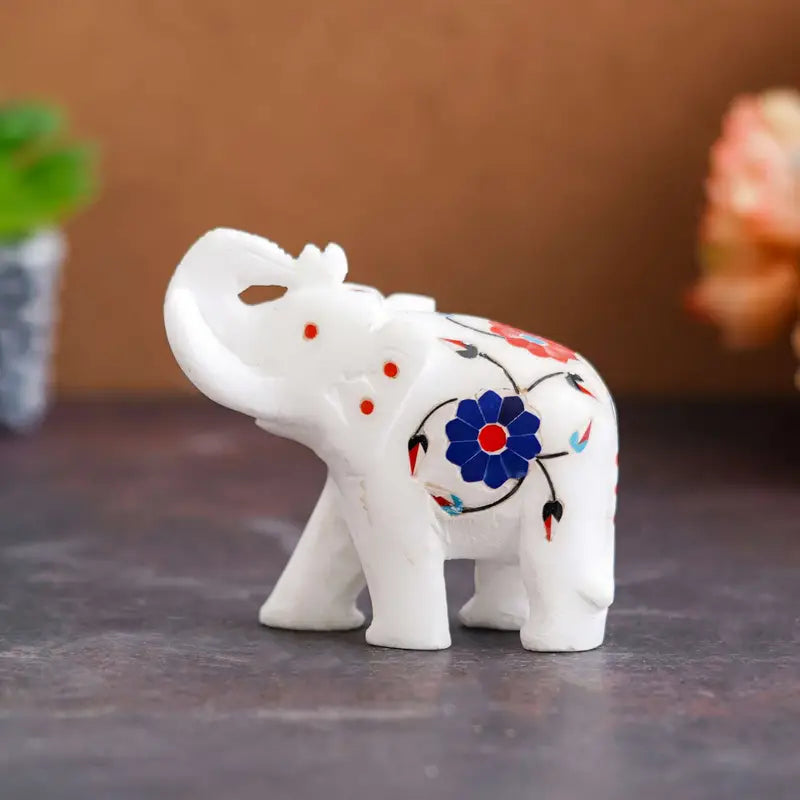 Handcrafted Marble Elephant Figurine – White Inlay Stone Art Sculpture for Home Décor & Gifting (BLACKLUXE CRAFTS) - BLACKLUXECRAFTS