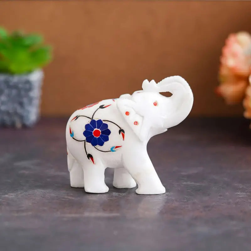 Handcrafted Marble Elephant Figurine – White Inlay Stone Art Sculpture for Home Décor & Gifting (BLACKLUXE CRAFTS) - BLACKLUXECRAFTS