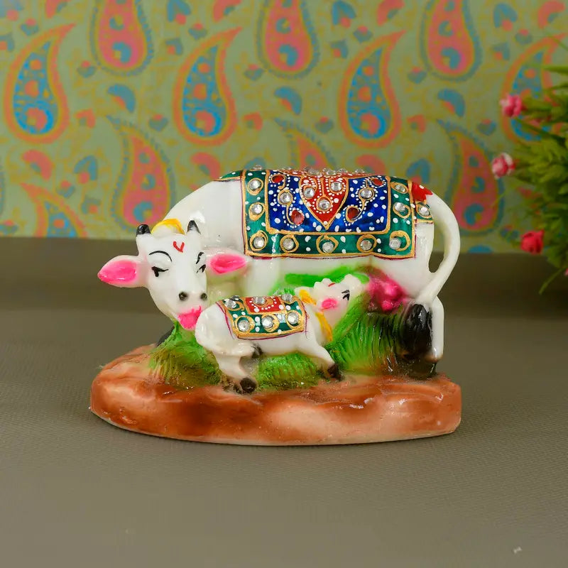 Handcrafted Kamdhenu Cow and Calf Idol – Decorated Nandi Statue for Pooja, Home Temple & Gifting (BLACKLUXE CRAFTS) - BLACKLUXECRAFTS