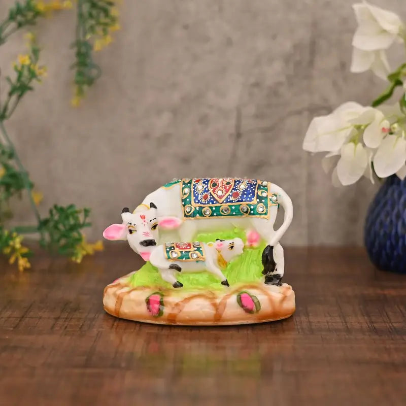 Handcrafted Kamdhenu Cow and Calf Idol – Colorful Decorated Sacred Cow Statue for Home Temple & Gifting (BLACKLUXE CRAFTS) - BLACKLUXECRAFTS