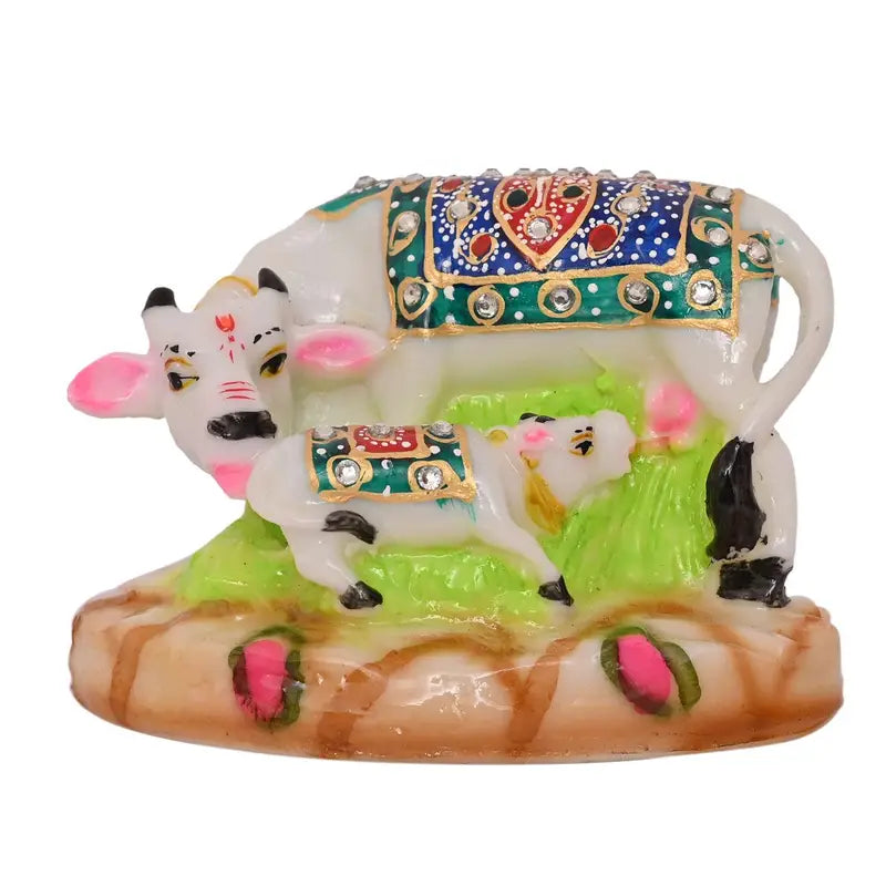 Handcrafted Kamdhenu Cow and Calf Idol – Colorful Decorated Sacred Cow Statue for Home Temple & Gifting (BLACKLUXE CRAFTS) - BLACKLUXECRAFTS