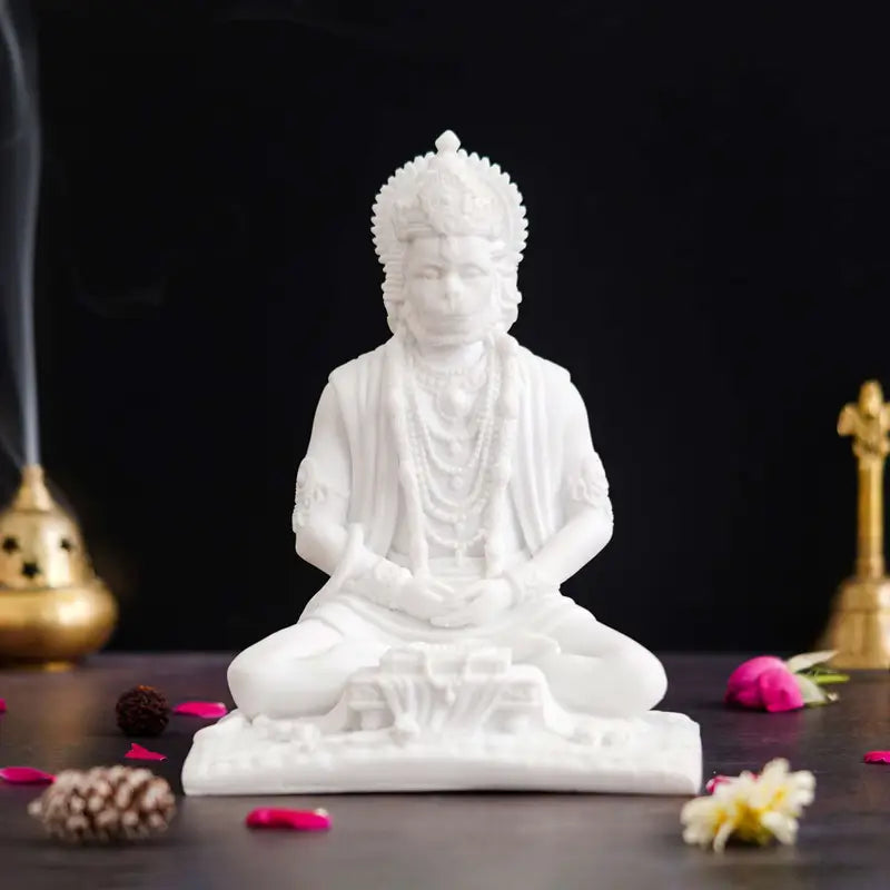 Handcrafted White Hanuman Idol – Meditating Lord Hanuman Statue for Home Temple & Spiritual Décor (BLACKLUXE CRAFTS) - BLACKLUXECRAFTS