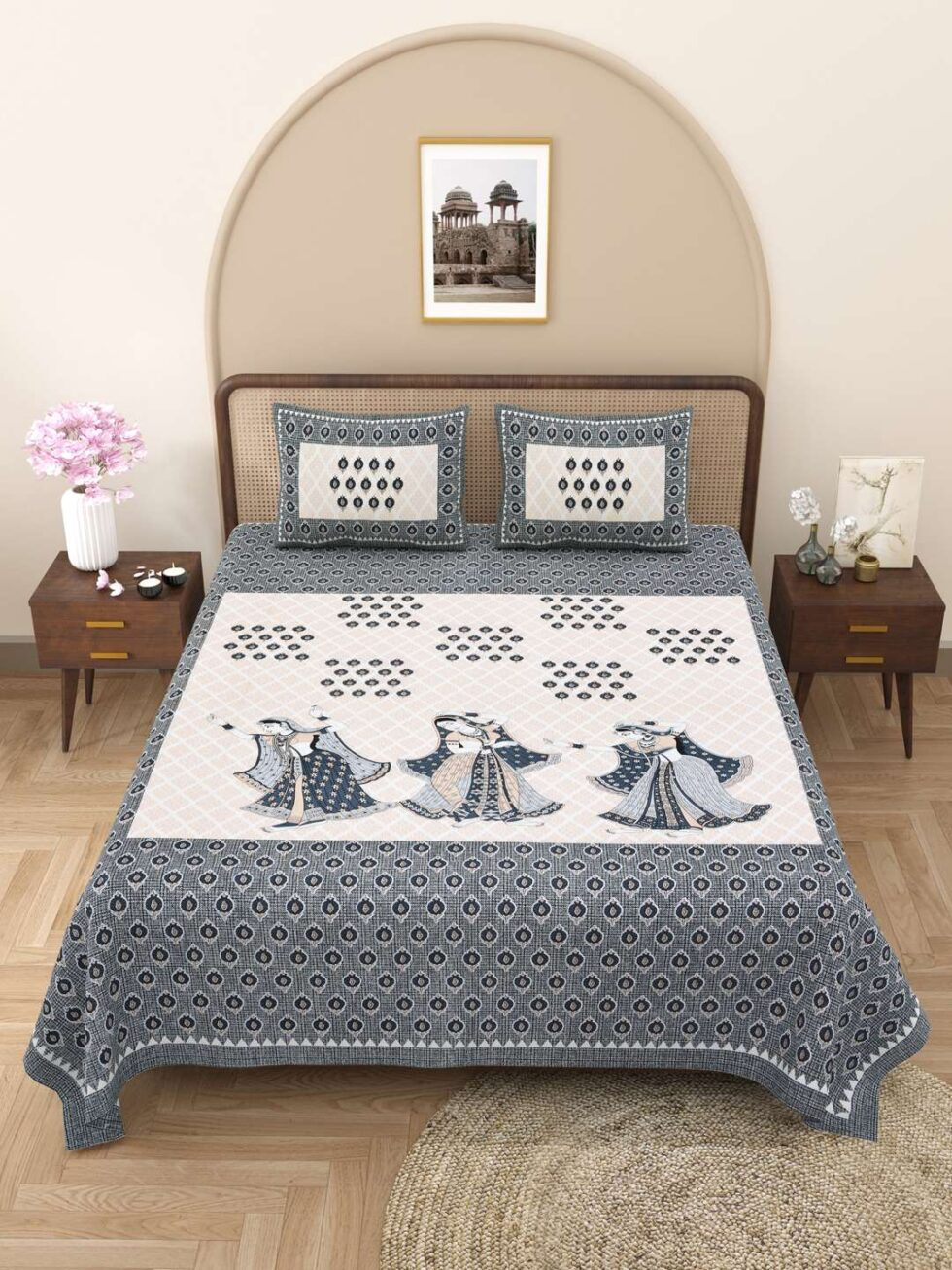 Handmade Rajasthani Block Print Cotton Bedsheet with Pillow Covers | Indian Jaipuri Double Bed Sheet | Ethnic Folk Dance Design Bedding Set (BLACKLUXE CRAFTS) - BLACKLUXECRAFTS