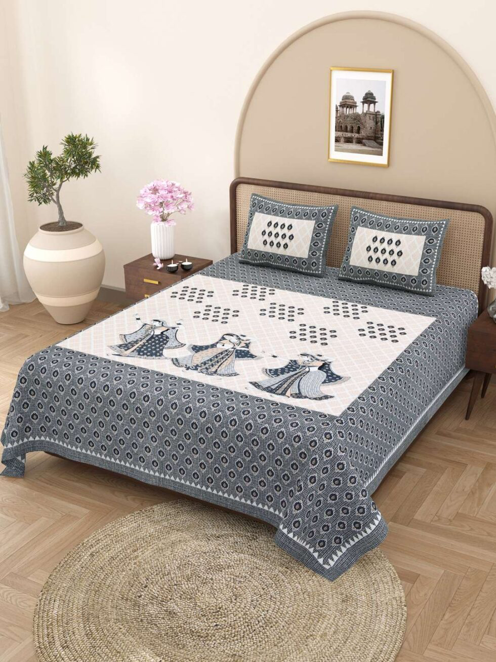 Handmade Rajasthani Block Print Cotton Bedsheet with Pillow Covers | Indian Jaipuri Double Bed Sheet | Ethnic Folk Dance Design Bedding Set (BLACKLUXE CRAFTS) - BLACKLUXECRAFTS