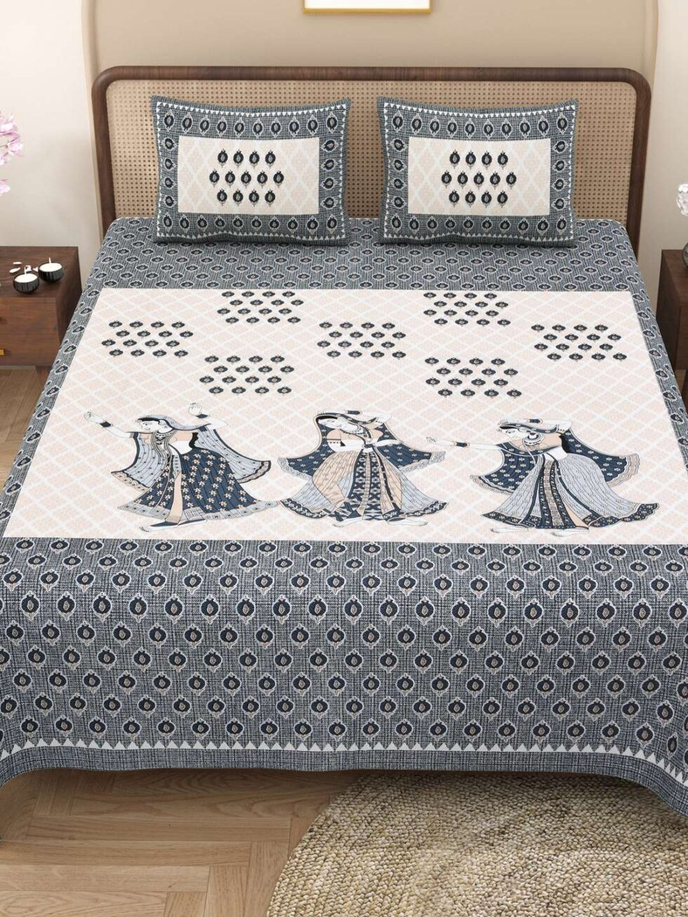 Handmade Rajasthani Block Print Cotton Bedsheet with Pillow Covers | Indian Jaipuri Double Bed Sheet | Ethnic Folk Dance Design Bedding Set (BLACKLUXE CRAFTS) - BLACKLUXECRAFTS