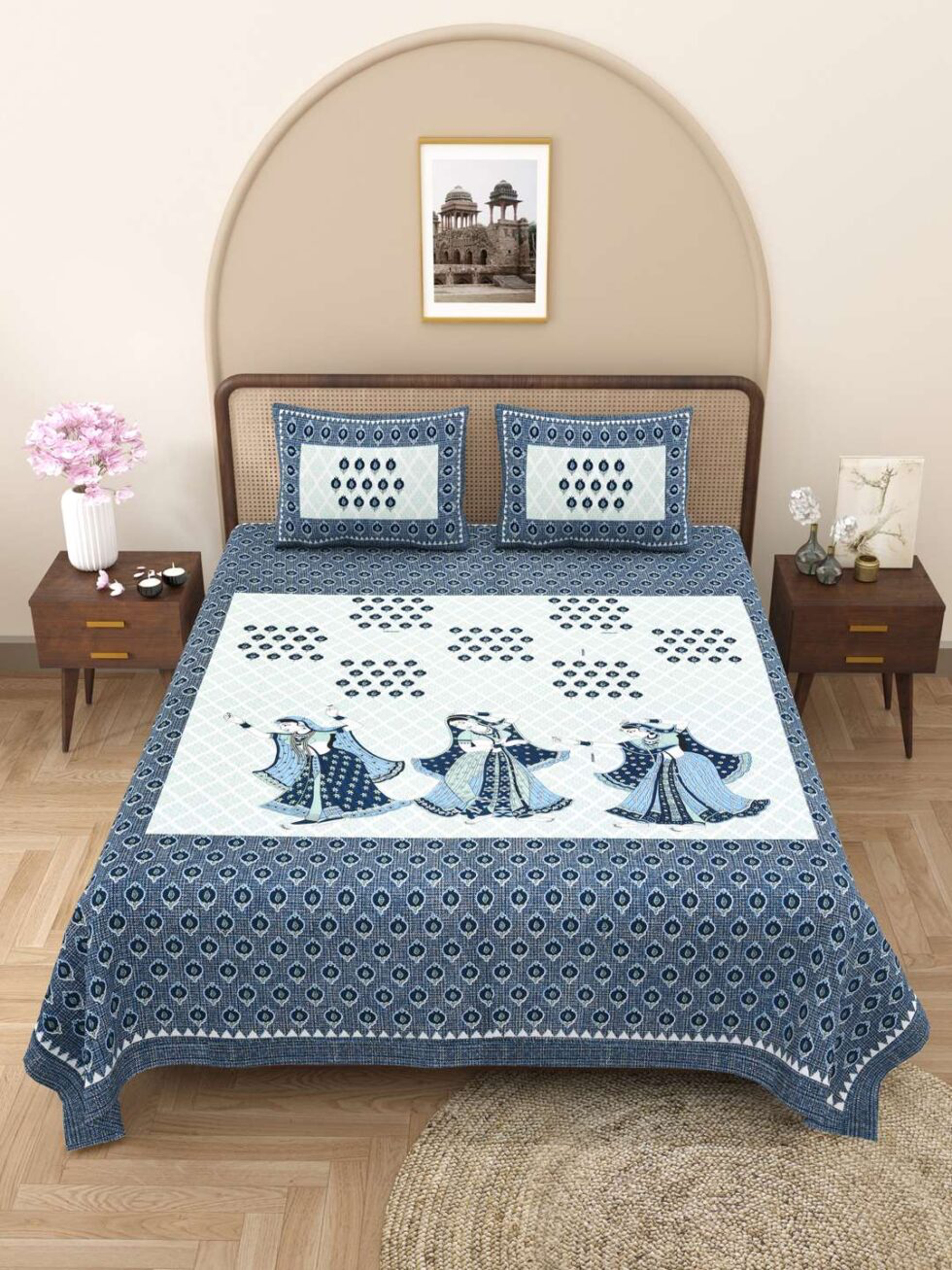 Handmade Jaipuri Block Print Cotton Bedsheet with Pillow Covers | Indian Double Bed Sheet | Traditional Rajasthani Folk Dance Design Bedding (BLACKLUXE CRAFTS) - BLACKLUXECRAFTS