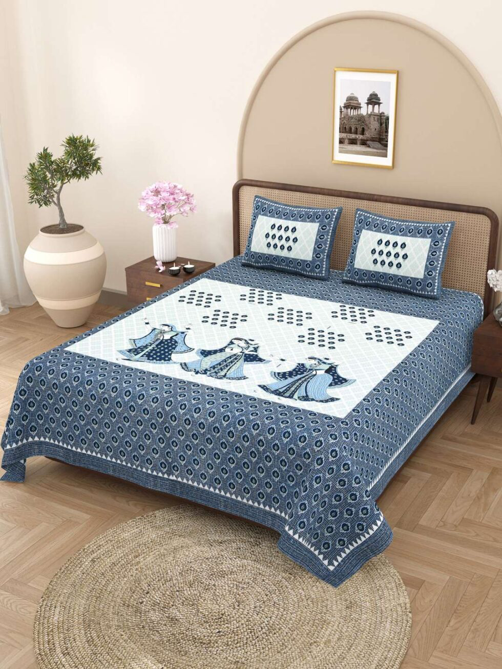 Handmade Jaipuri Block Print Cotton Bedsheet with Pillow Covers | Indian Double Bed Sheet | Traditional Rajasthani Folk Dance Design Bedding (BLACKLUXE CRAFTS) - BLACKLUXECRAFTS