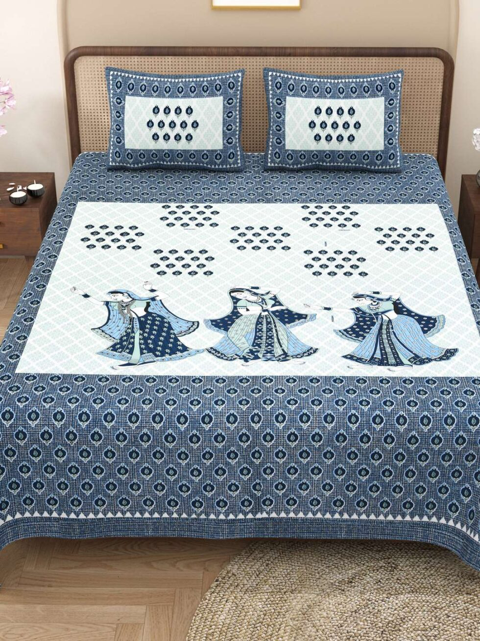 Handmade Jaipuri Block Print Cotton Bedsheet with Pillow Covers | Indian Double Bed Sheet | Traditional Rajasthani Folk Dance Design Bedding (BLACKLUXE CRAFTS) - BLACKLUXECRAFTS