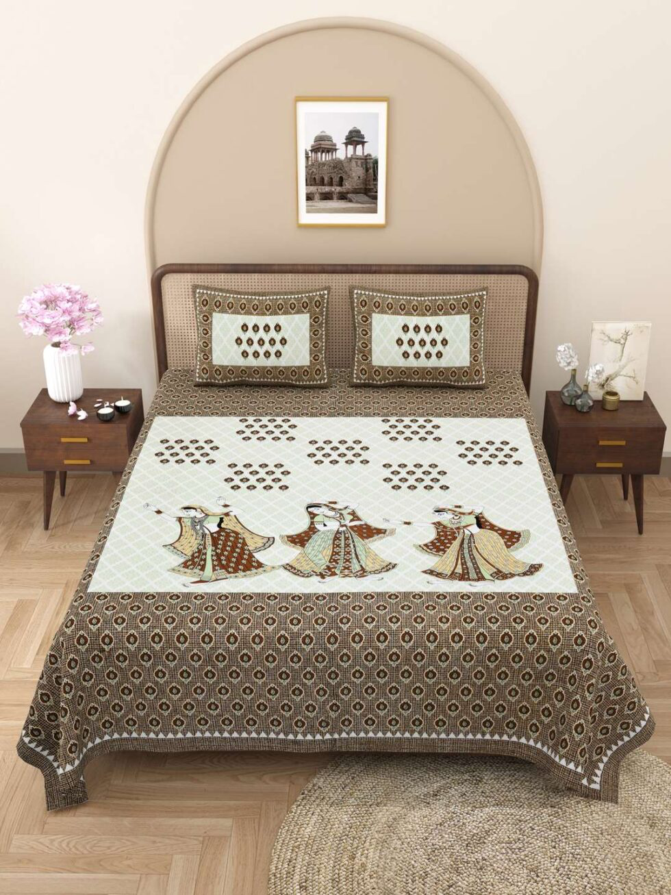 Handmade Rajasthani Block Print Cotton Bedsheet with Pillow Covers | Indian Jaipuri Double Bed Sheet | Traditional Brown Folk Dance Design Bedding (BLACKLUXE CRAFTS) - BLACKLUXECRAFTS