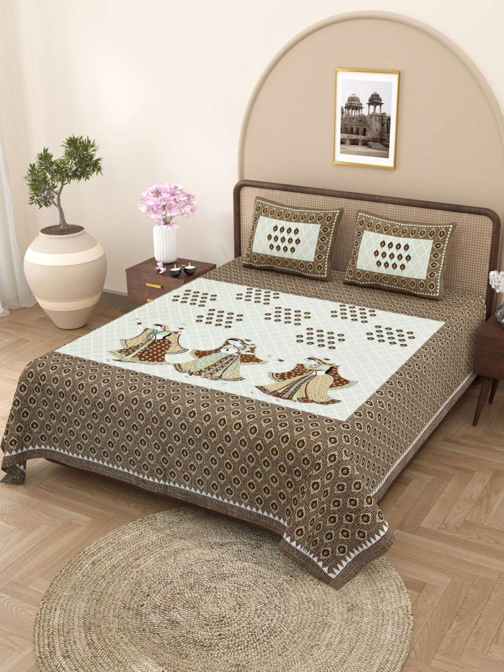 Handmade Rajasthani Block Print Cotton Bedsheet with Pillow Covers | Indian Jaipuri Double Bed Sheet | Traditional Brown Folk Dance Design Bedding (BLACKLUXE CRAFTS) - BLACKLUXECRAFTS