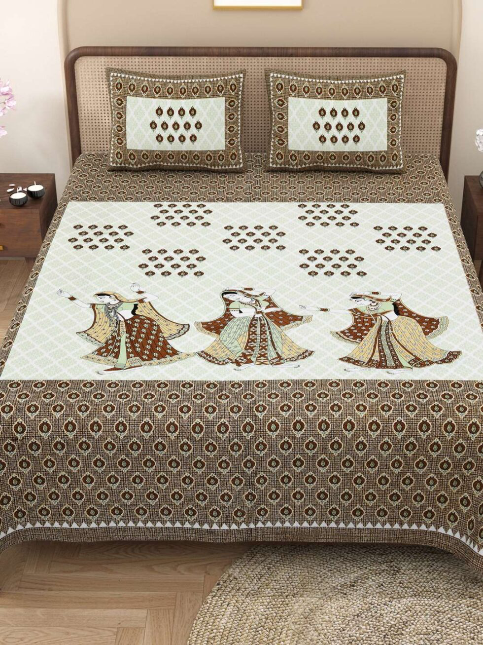 Handmade Rajasthani Block Print Cotton Bedsheet with Pillow Covers | Indian Jaipuri Double Bed Sheet | Traditional Brown Folk Dance Design Bedding (BLACKLUXE CRAFTS) - BLACKLUXECRAFTS