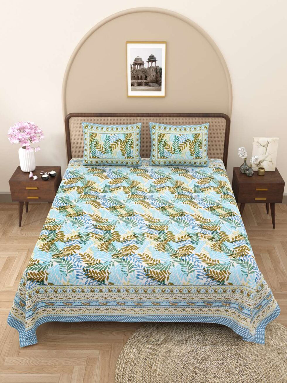 Handmade Jaipuri Cotton Bedsheet with Pillow Covers | Indian Block Print Double Bed Sheet | Blue Floral Leaf Design Bedding from Rajasthan (BLACKLUXE CRAFTS) - BLACKLUXECRAFTS