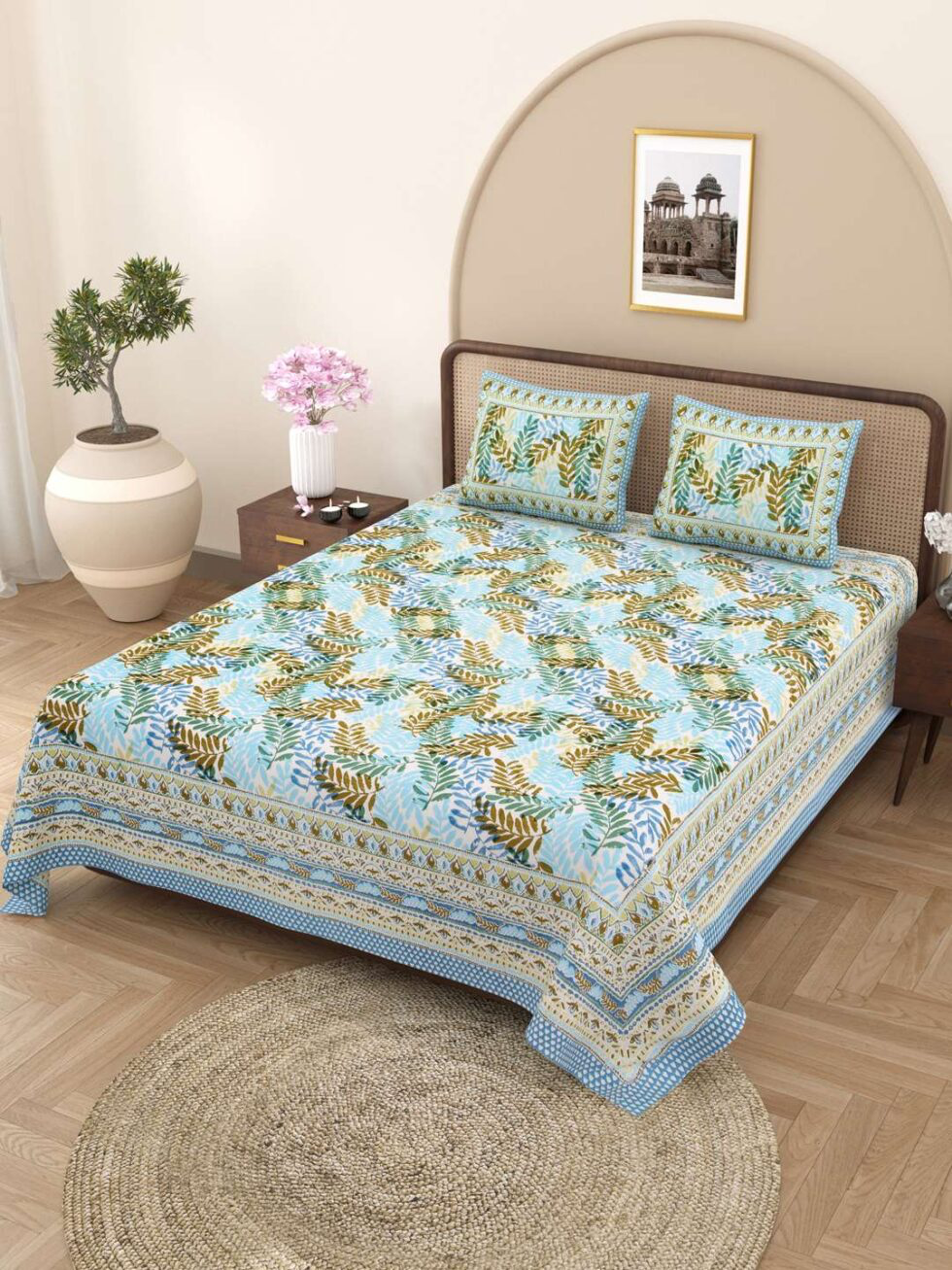 Handmade Jaipuri Cotton Bedsheet with Pillow Covers | Indian Block Print Double Bed Sheet | Blue Floral Leaf Design Bedding from Rajasthan (BLACKLUXE CRAFTS) - BLACKLUXECRAFTS