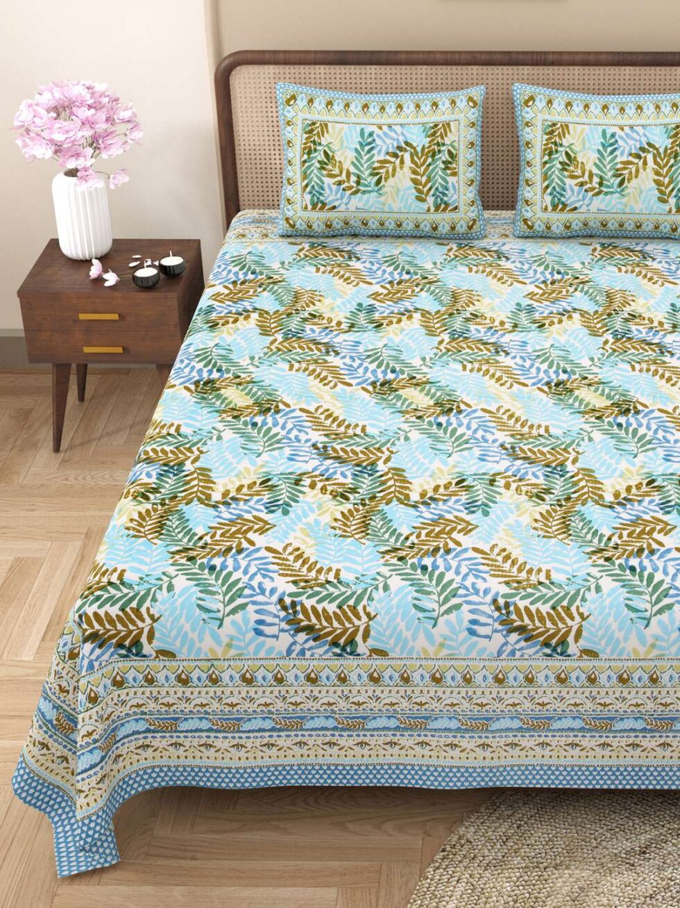 Handmade Jaipuri Cotton Bedsheet with Pillow Covers | Indian Block Print Double Bed Sheet | Blue Floral Leaf Design Bedding from Rajasthan (BLACKLUXE CRAFTS) - BLACKLUXECRAFTS