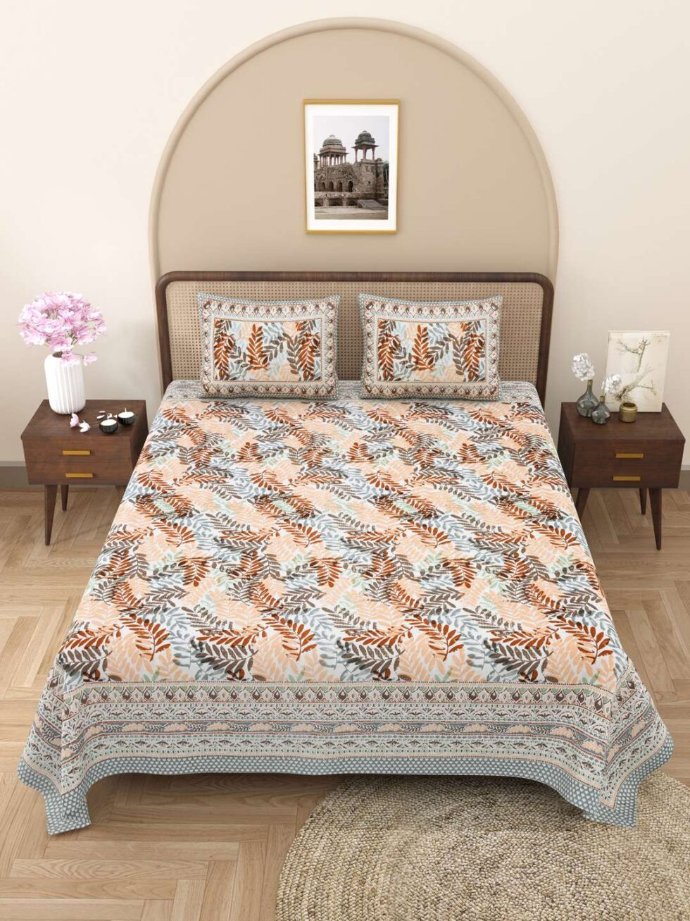 Handmade Jaipuri Cotton Bedsheet with Pillow Covers | Indian Block Print Double Bed Sheet | Peach & Brown Leaf Design Traditional Bedding (BLACKLUXE CRAFTS) - BLACKLUXECRAFTS