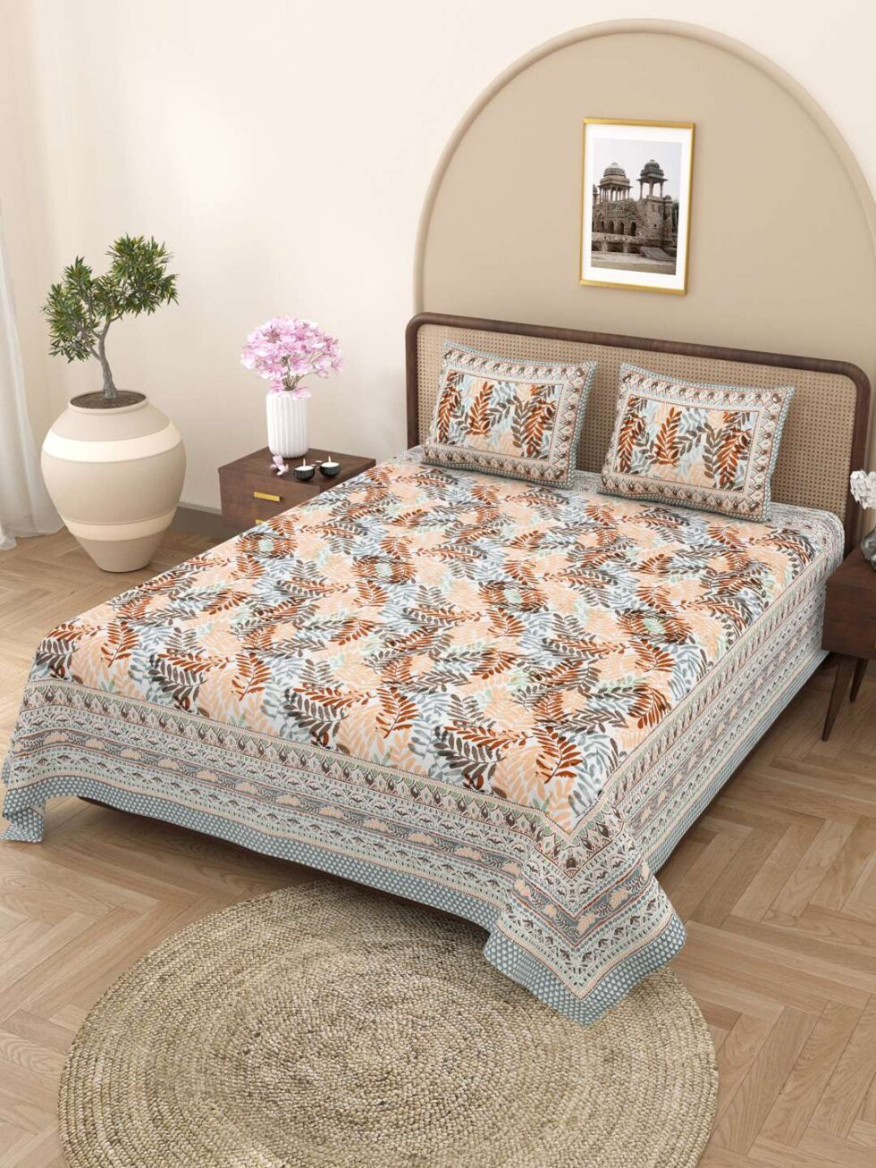 Handmade Jaipuri Cotton Bedsheet with Pillow Covers | Indian Block Print Double Bed Sheet | Peach & Brown Leaf Design Traditional Bedding (BLACKLUXE CRAFTS) - BLACKLUXECRAFTS