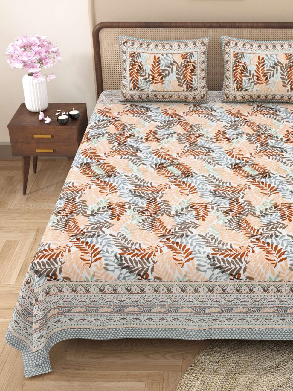 Handmade Jaipuri Cotton Bedsheet with Pillow Covers | Indian Block Print Double Bed Sheet | Peach & Brown Leaf Design Traditional Bedding (BLACKLUXE CRAFTS) - BLACKLUXECRAFTS
