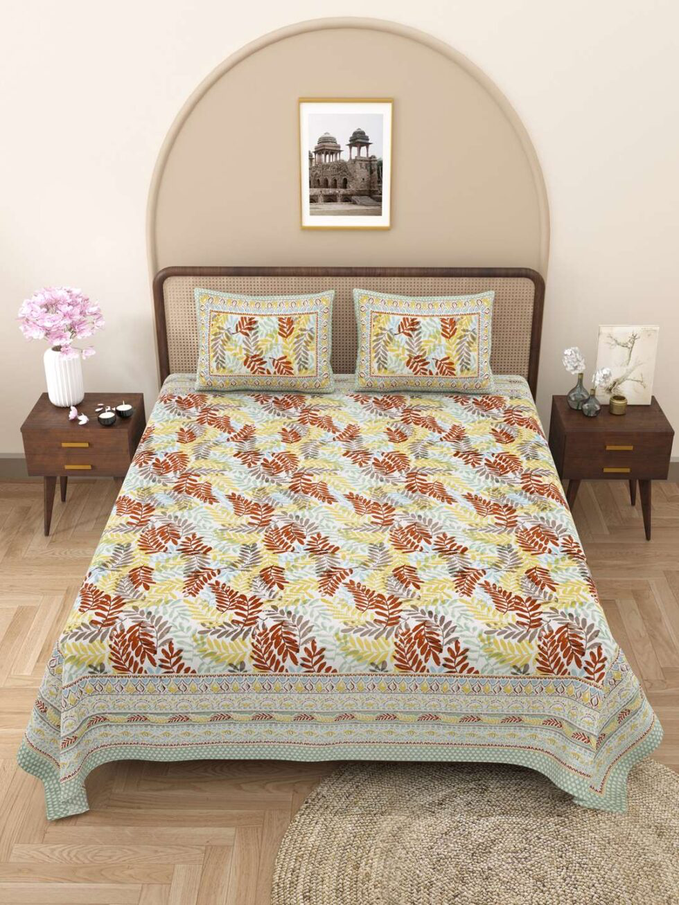 Handmade Indian Cotton Bedsheet with Pillow Covers – Block Print Leaf Design, Queen Size, Soft & Breathable Bedding – Ethically Made in Indian (BLACKLUXE CRAFTS) - BLACKLUXECRAFTS