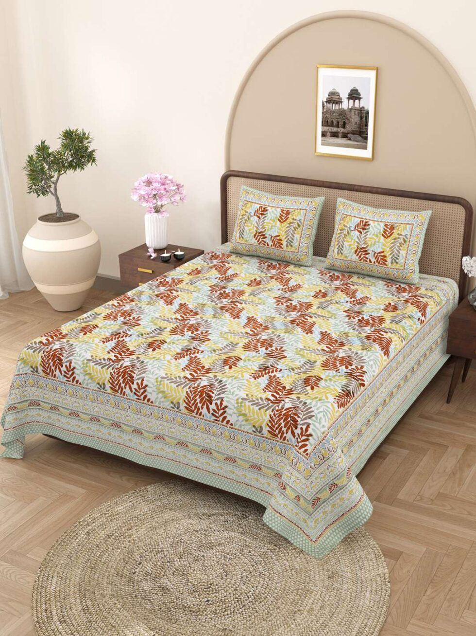Handmade Indian Cotton Bedsheet with Pillow Covers – Block Print Leaf Design, Queen Size, Soft & Breathable Bedding – Ethically Made in Indian (BLACKLUXE CRAFTS) - BLACKLUXECRAFTS
