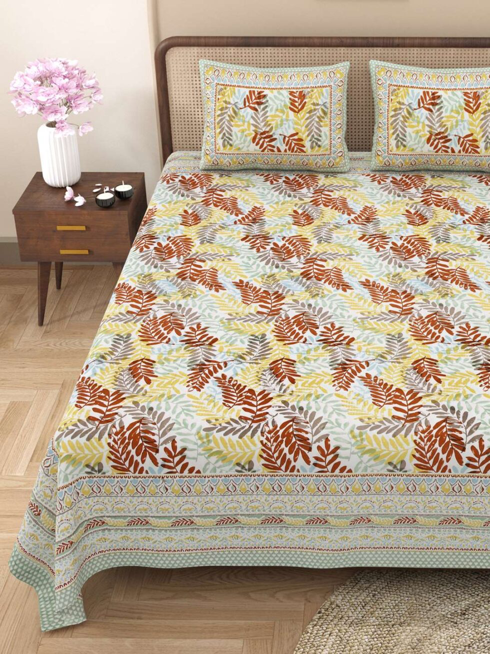 Handmade Indian Cotton Bedsheet with Pillow Covers – Block Print Leaf Design, Queen Size, Soft & Breathable Bedding – Ethically Made in Indian (BLACKLUXE CRAFTS) - BLACKLUXECRAFTS