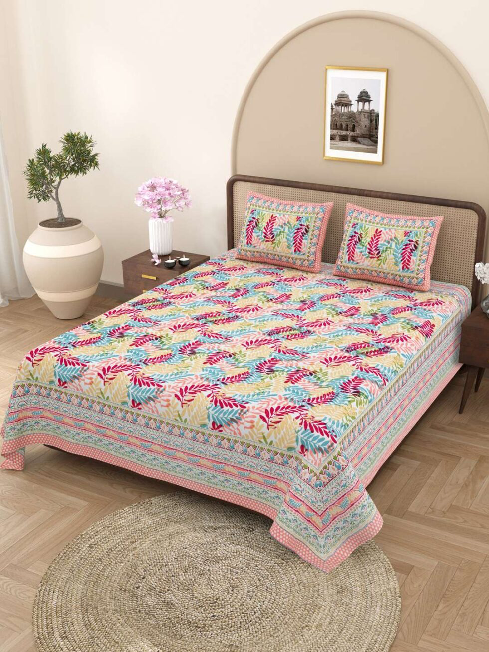 Handmade Cotton Double Bedsheet with Pillow Covers – Multicolor Leaf Print | Indian Block Print Bedspread for International Home Décor (BLACKLUXE CRAFTS) - BLACKLUXECRAFTS