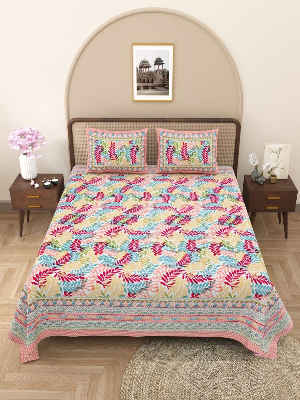 Handmade Cotton Double Bedsheet with Pillow Covers – Multicolor Leaf Print | Indian Block Print Bedspread for International Home Décor (BLACKLUXE CRAFTS) - BLACKLUXECRAFTS