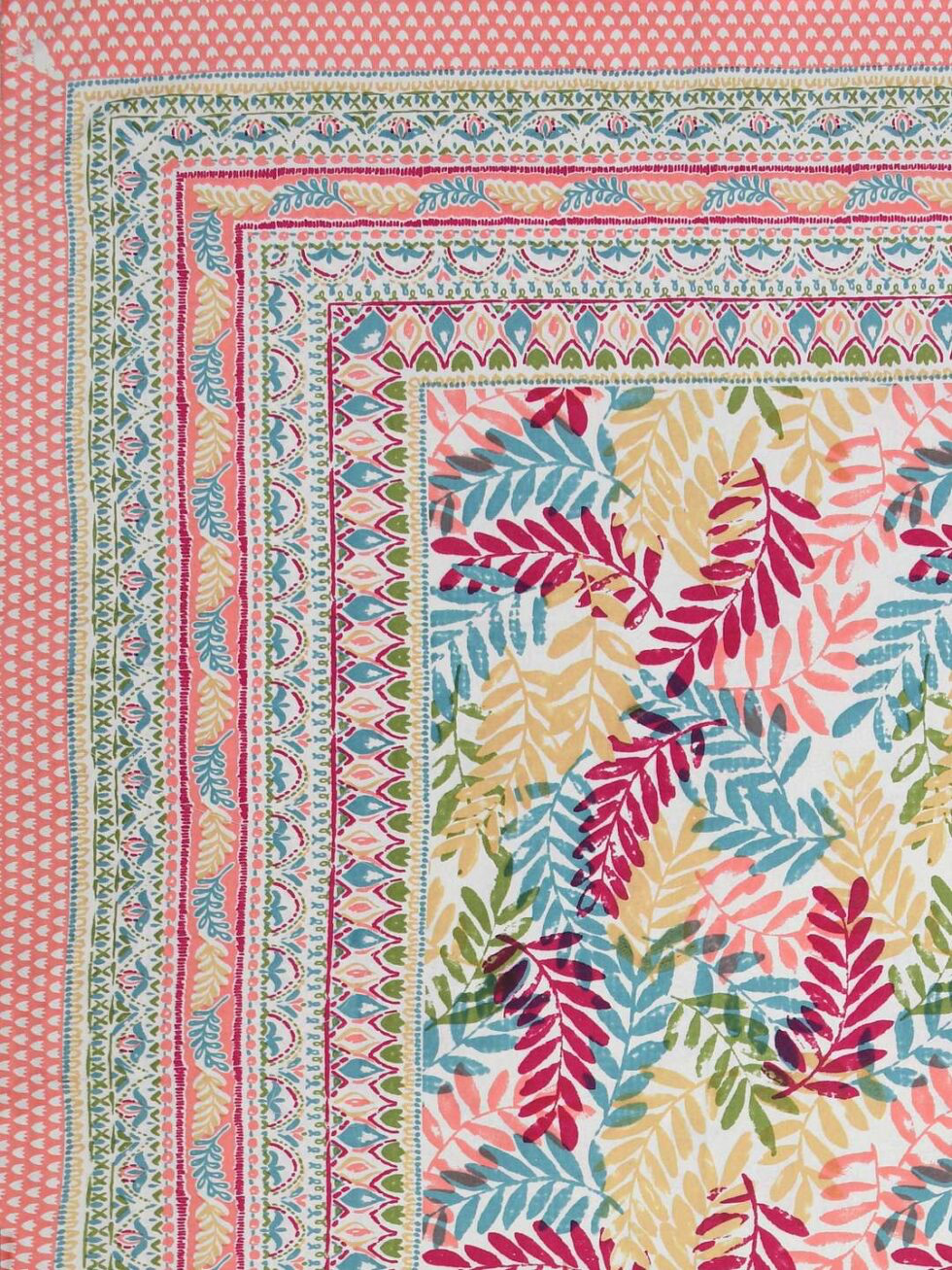 Handmade Cotton Double Bedsheet with Pillow Covers – Multicolor Leaf Print | Indian Block Print Bedspread for International Home Décor (BLACKLUXE CRAFTS) - BLACKLUXECRAFTS
