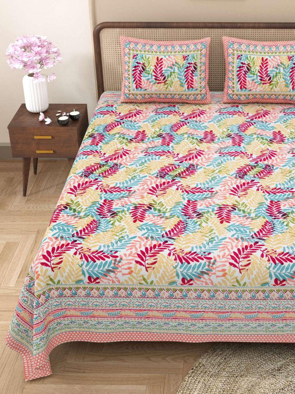 Handmade Cotton Double Bedsheet with Pillow Covers – Multicolor Leaf Print | Indian Block Print Bedspread for International Home Décor (BLACKLUXE CRAFTS) - BLACKLUXECRAFTS