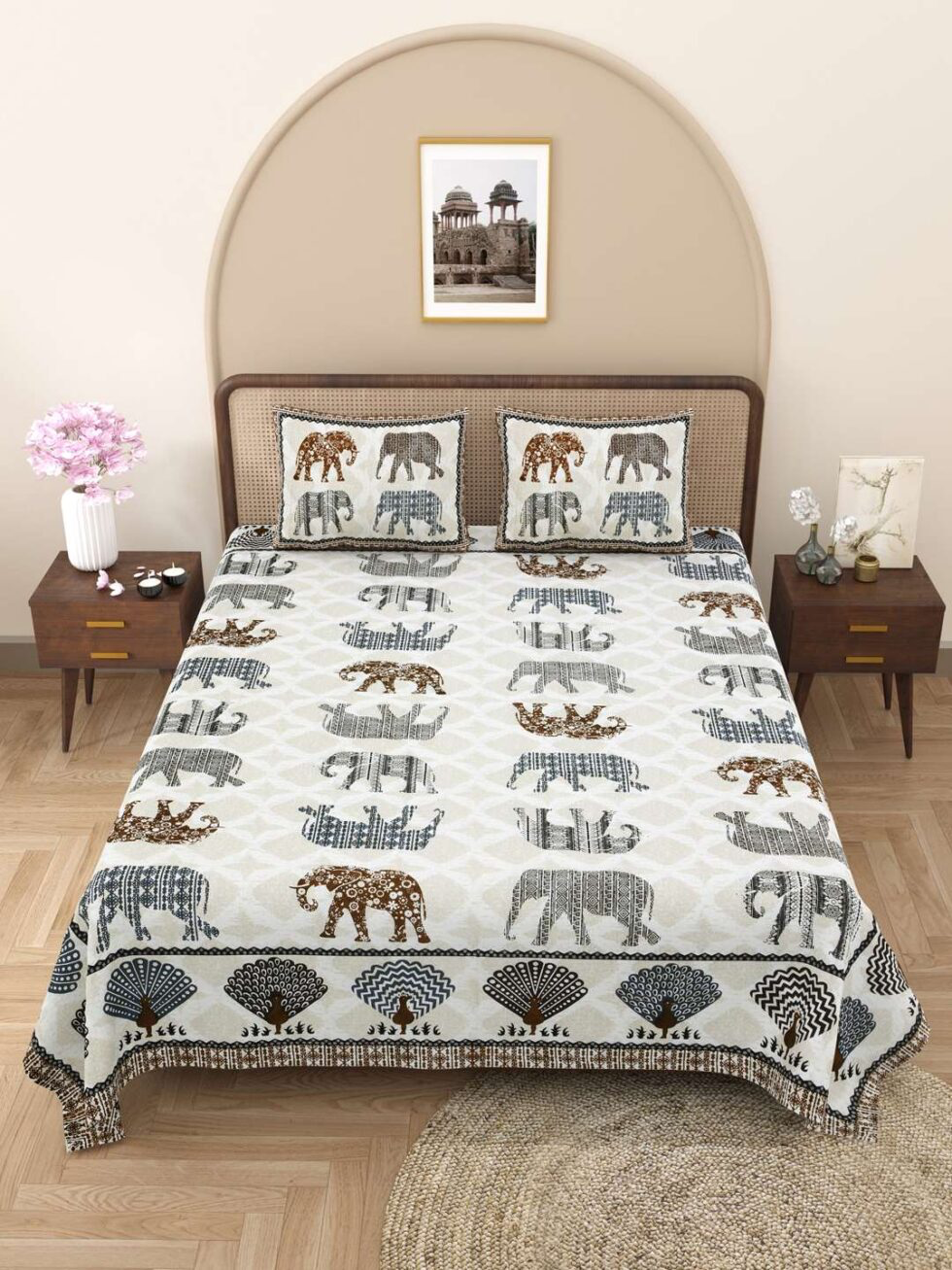 Handmade Cotton Double Bedsheet with Pillow Covers – Indian Elephant Print Bedspread | Block Print Boho Home Décor from India (BLACKLUXE CRAFTS) - BLACKLUXECRAFTS