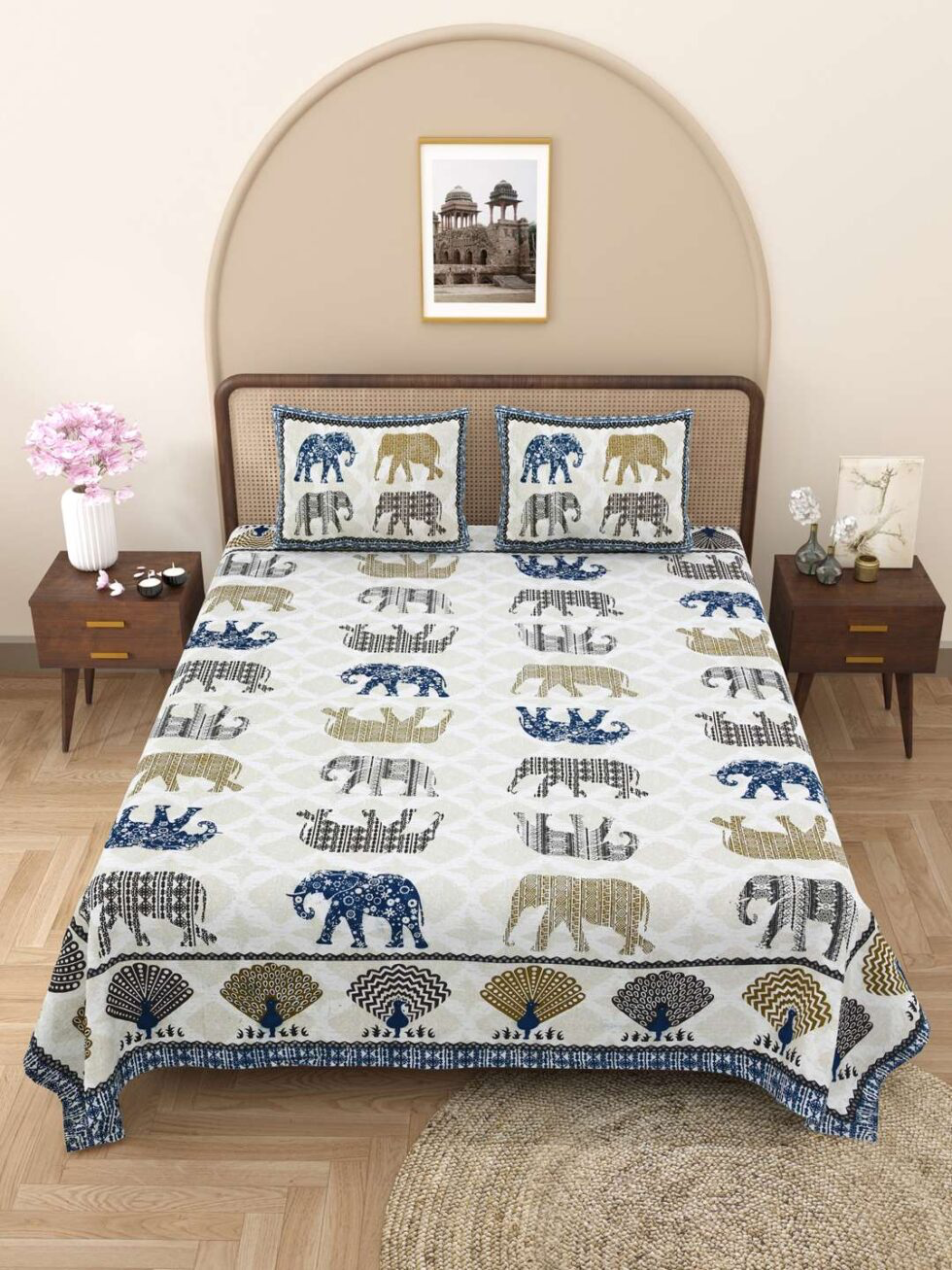 Handmade Indian Cotton Bedsheet with Elephant Block Print | Queen Size Traditional Rajasthani Jaipuri Bedspread with Pillow Covers | Boho Ethnic Home Decor (BLACKLUXE CRAFTS) - BLACKLUXECRAFTS