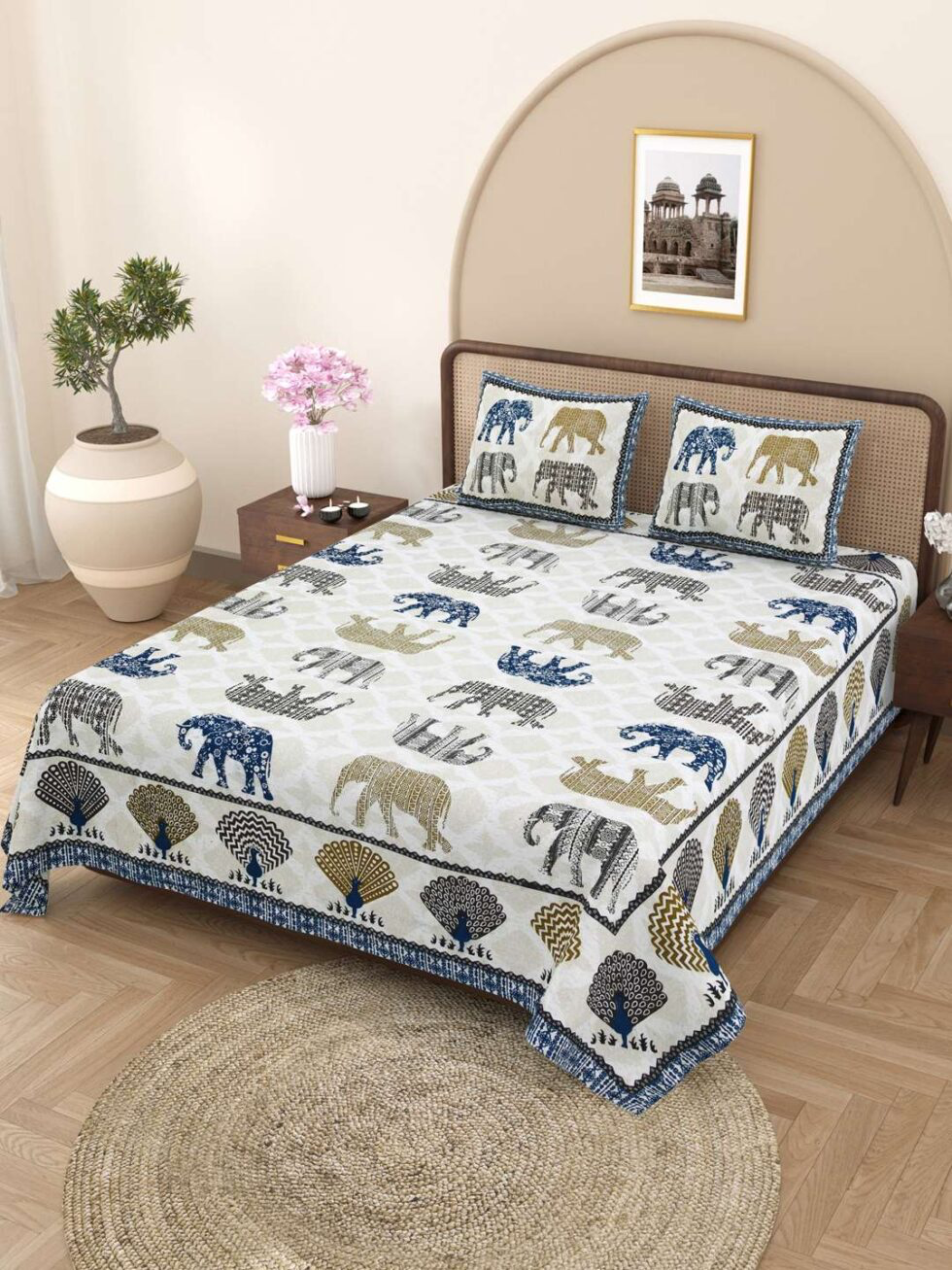 Handmade Indian Cotton Bedsheet with Elephant Block Print | Queen Size Traditional Rajasthani Jaipuri Bedspread with Pillow Covers | Boho Ethnic Home Decor (BLACKLUXE CRAFTS) - BLACKLUXECRAFTS