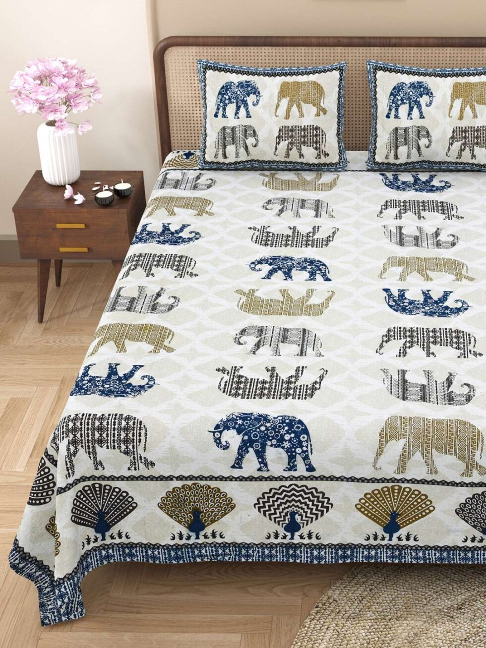 Handmade Indian Cotton Bedsheet with Elephant Block Print | Queen Size Traditional Rajasthani Jaipuri Bedspread with Pillow Covers | Boho Ethnic Home Decor (BLACKLUXE CRAFTS) - BLACKLUXECRAFTS