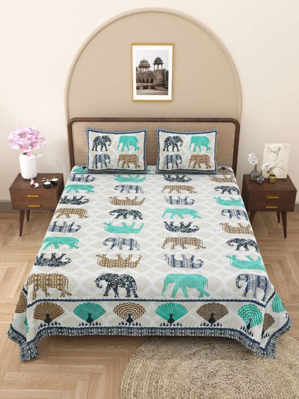 Handmade Cotton Elephant Print Bedsheet with Pillow Covers – Block Print Indian Ethnic Bedding – Queen/King Size Bedspread – Boho Home Decor from India (BLACKLUXE CRAFTS) - BLACKLUXECRAFTS