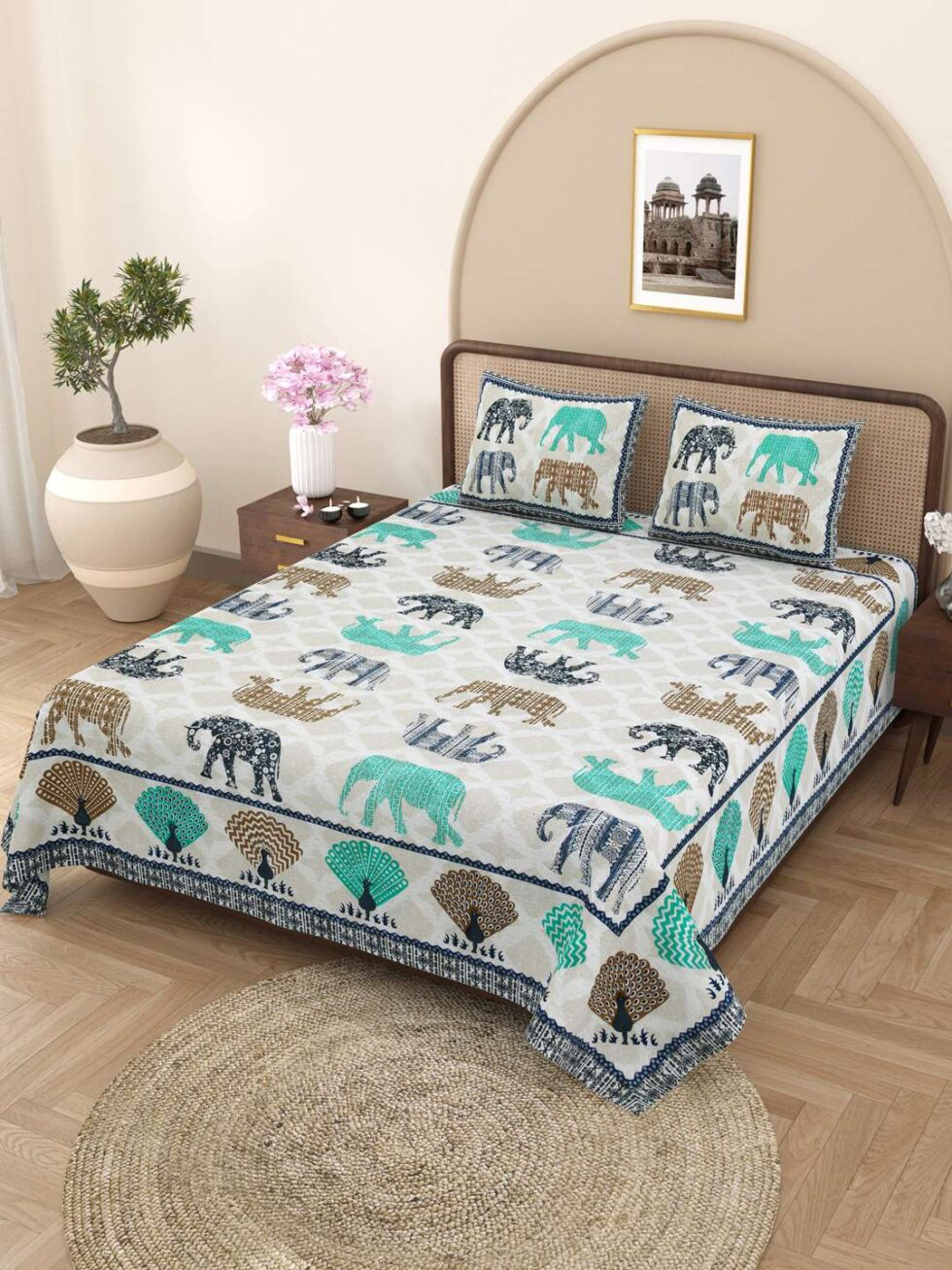 Handmade Cotton Elephant Print Bedsheet with Pillow Covers – Block Print Indian Ethnic Bedding – Queen/King Size Bedspread – Boho Home Decor from India (BLACKLUXE CRAFTS) - BLACKLUXECRAFTS