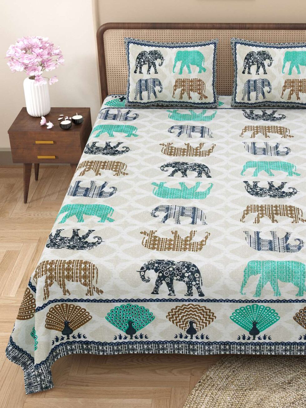 Handmade Cotton Elephant Print Bedsheet with Pillow Covers – Block Print Indian Ethnic Bedding – Queen/King Size Bedspread – Boho Home Decor from India (BLACKLUXE CRAFTS) - BLACKLUXECRAFTS