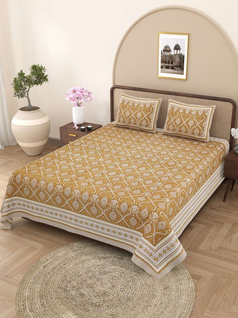 Handmade Indian Cotton Bedsheet with Pillow Covers – Mustard Yellow Jaipuri Block Print Double Bedspread – Traditional Ethnic Bedding Set (BLACKLUXE CRAFTS) - BLACKLUXECRAFTS
