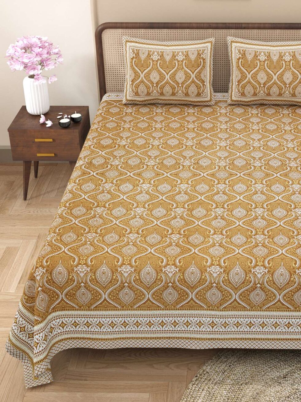 Handmade Indian Cotton Bedsheet with Pillow Covers – Mustard Yellow Jaipuri Block Print Double Bedspread – Traditional Ethnic Bedding Set (BLACKLUXE CRAFTS) - BLACKLUXECRAFTS