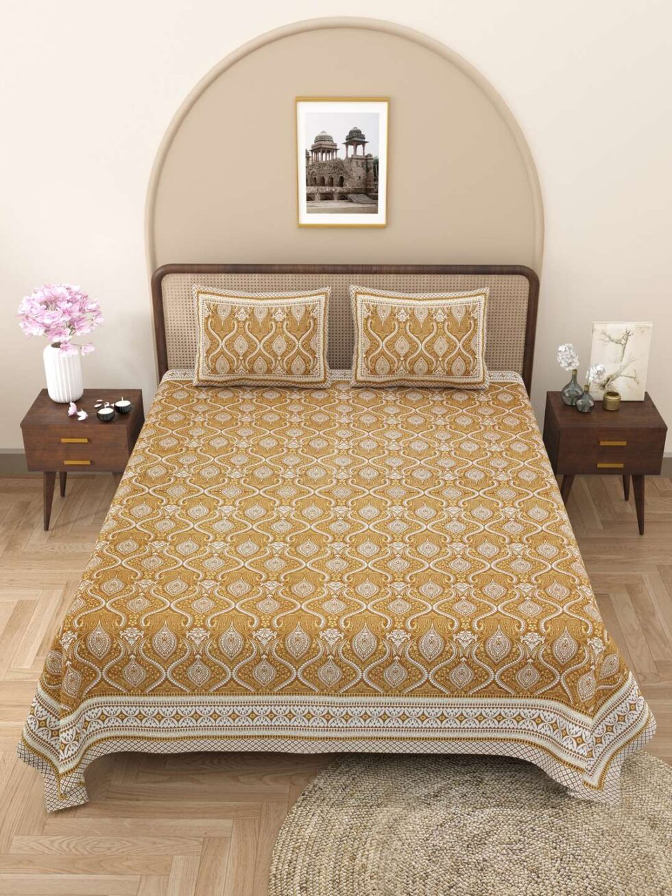 Handmade Indian Cotton Bedsheet with Pillow Covers – Mustard Yellow Jaipuri Block Print Double Bedspread – Traditional Ethnic Bedding Set (BLACKLUXE CRAFTS) - BLACKLUXECRAFTS