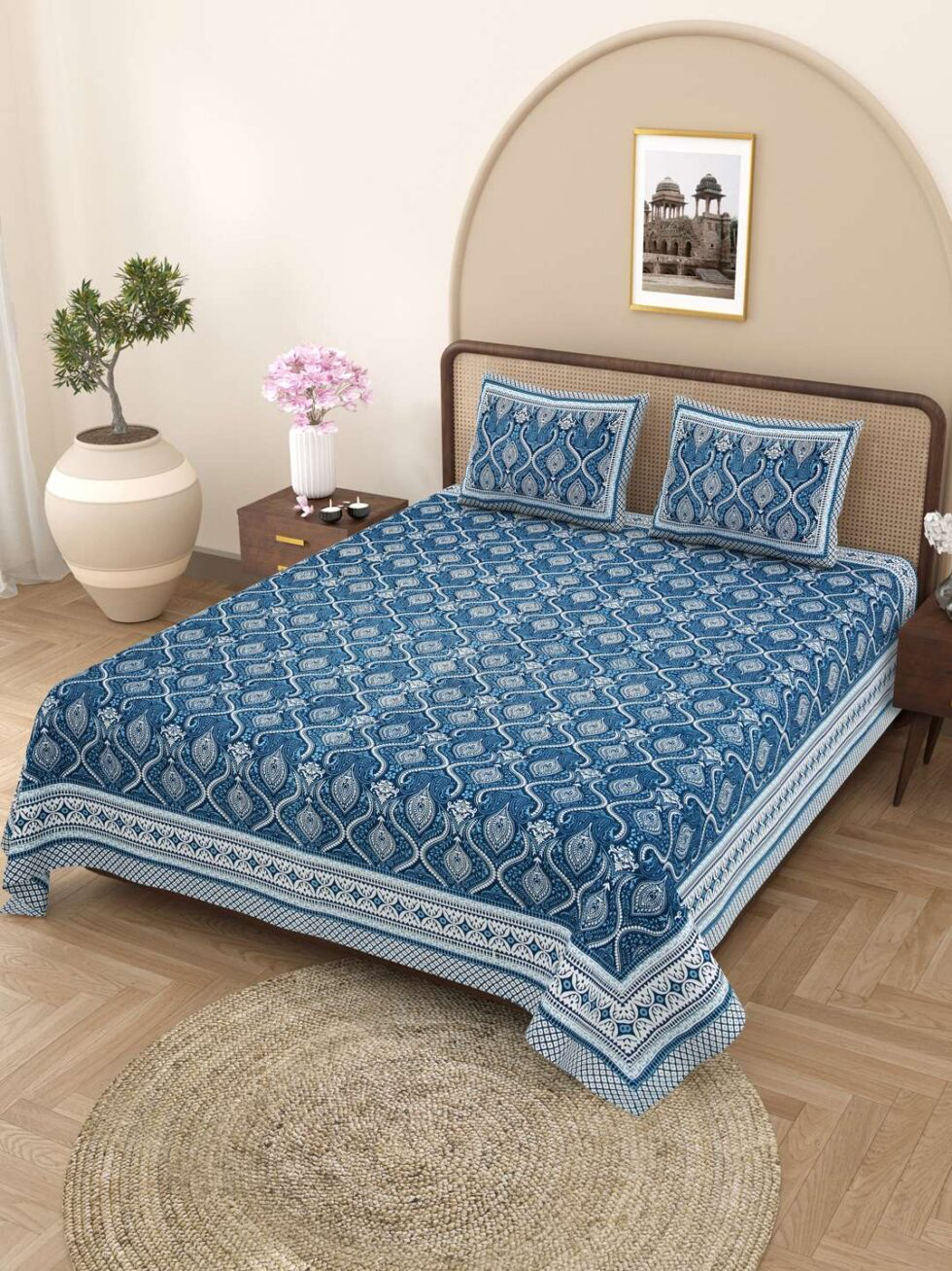 Handmade Indian Cotton Bedsheet with Pillow Covers – Blue Jaipuri Block Print Double Bedspread – Traditional Ethnic Bedding Set from India (BLACKLUXE CRAFTS) - BLACKLUXECRAFTS