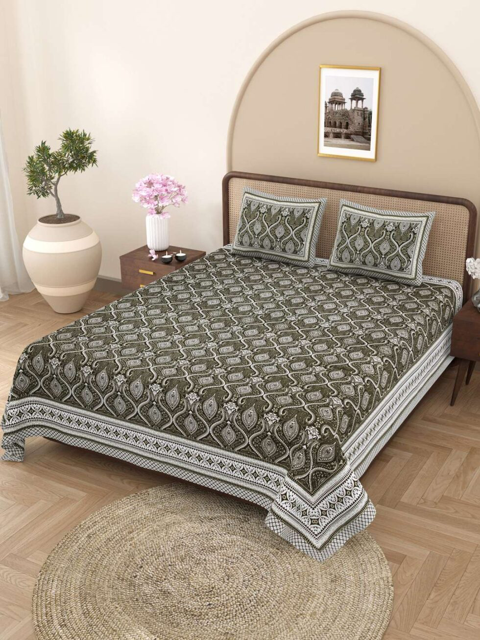 Handmade Cotton Bedsheet with Pillow Covers – Traditional Indian Block Print, King Size Bedspread, Ethnic Jaipuri Design, Home Décor from India (BLACKLUXE CRAFTS) - BLACKLUXECRAFTS