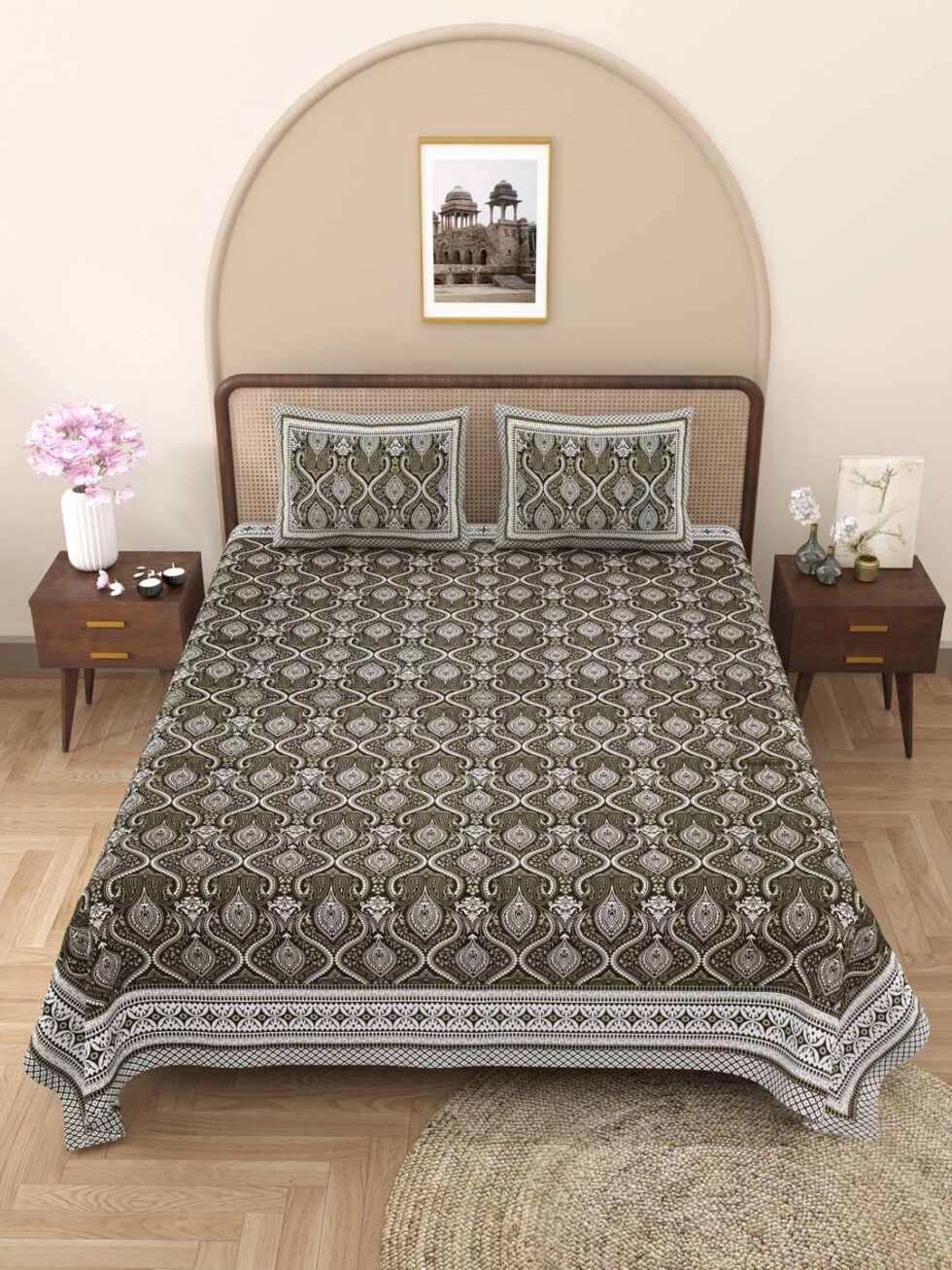 Handmade Cotton Bedsheet with Pillow Covers – Traditional Indian Block Print, King Size Bedspread, Ethnic Jaipuri Design, Home Décor from India (BLACKLUXE CRAFTS) - BLACKLUXECRAFTS