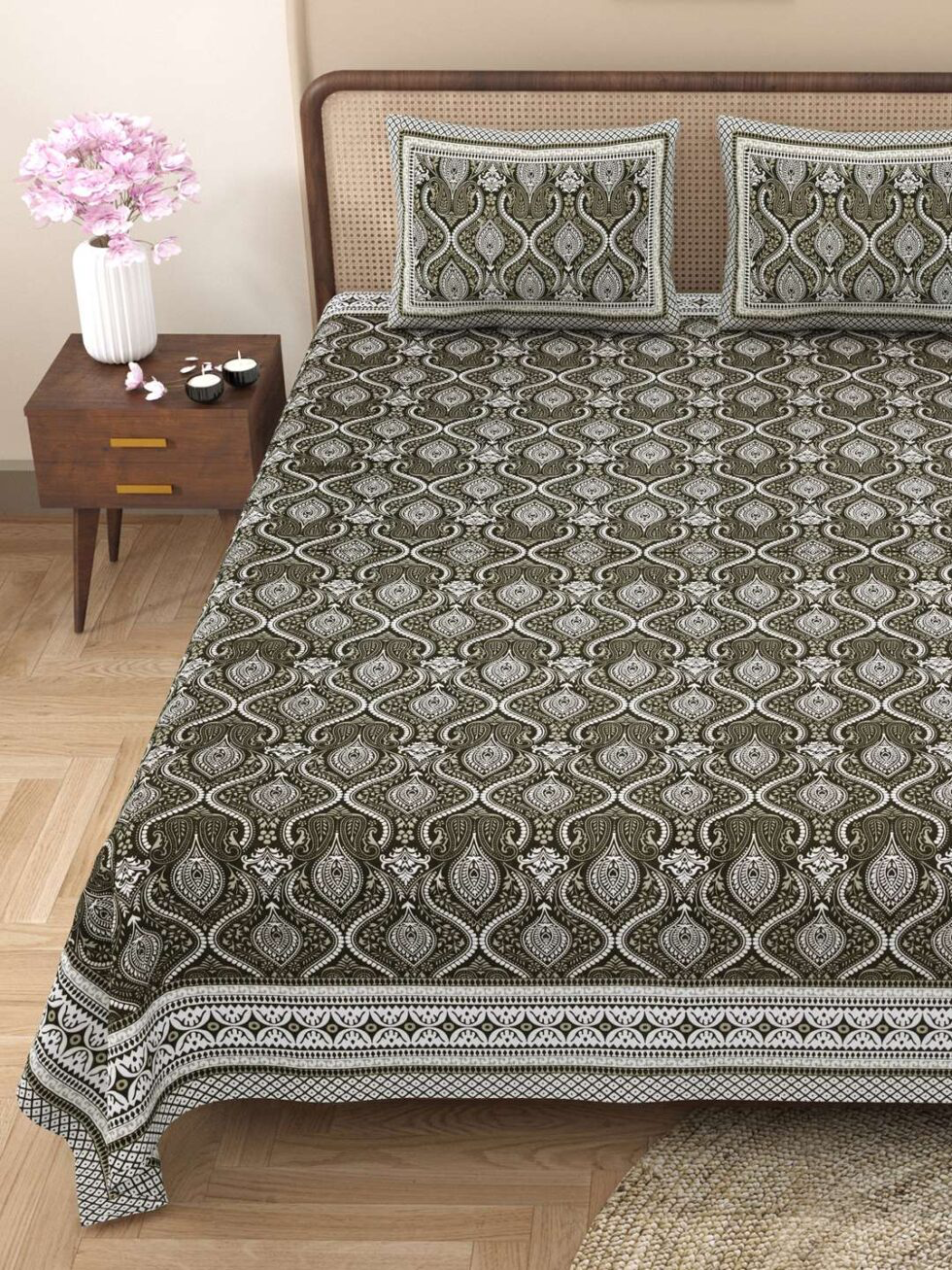 Handmade Cotton Bedsheet with Pillow Covers – Traditional Indian Block Print, King Size Bedspread, Ethnic Jaipuri Design, Home Décor from India (BLACKLUXE CRAFTS) - BLACKLUXECRAFTS